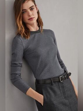 Brunello Cucinelli Charcoal Ribbed Long-Sleeve Crewneck Top XS